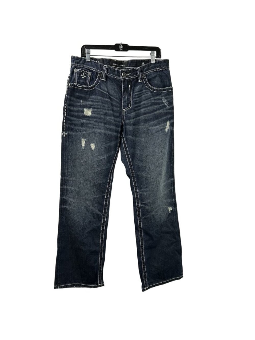 Affliction Jeans Men 34 Short Grant Loose Fit Medium Wash Blue Distressed Flap